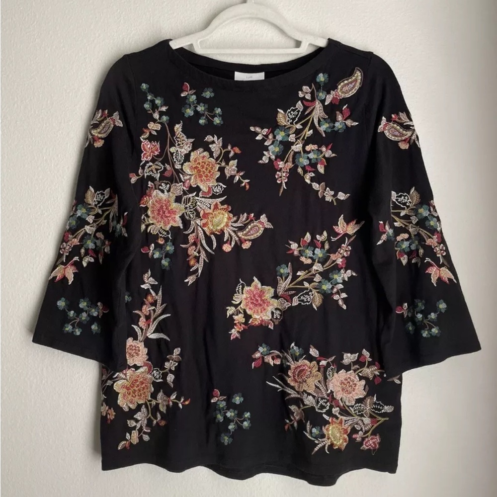 J Jill Size Small Black Floral Embroidered Boho Cotton Modal 3/4 Sleeve Top